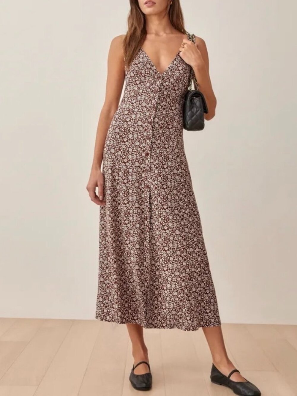 Reformation Luke Brown Floral Print Button Front Front Slit Midi Dress US 2